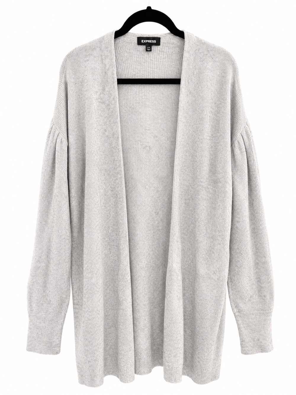 Express Open-Front Light Gray Cardigan with Puff Sleeves - Picture 1 of 5